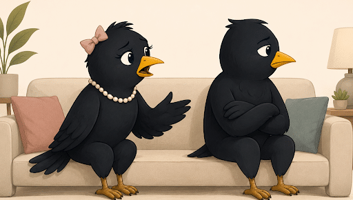 Two black birds sitting on a couch, with one gesturing while the other faces away with folded wings