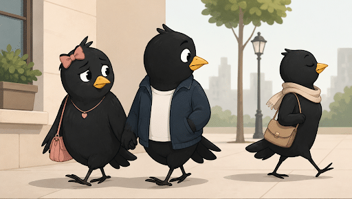 Illustrated male blackbird looks at another bird while walking beside his female partner