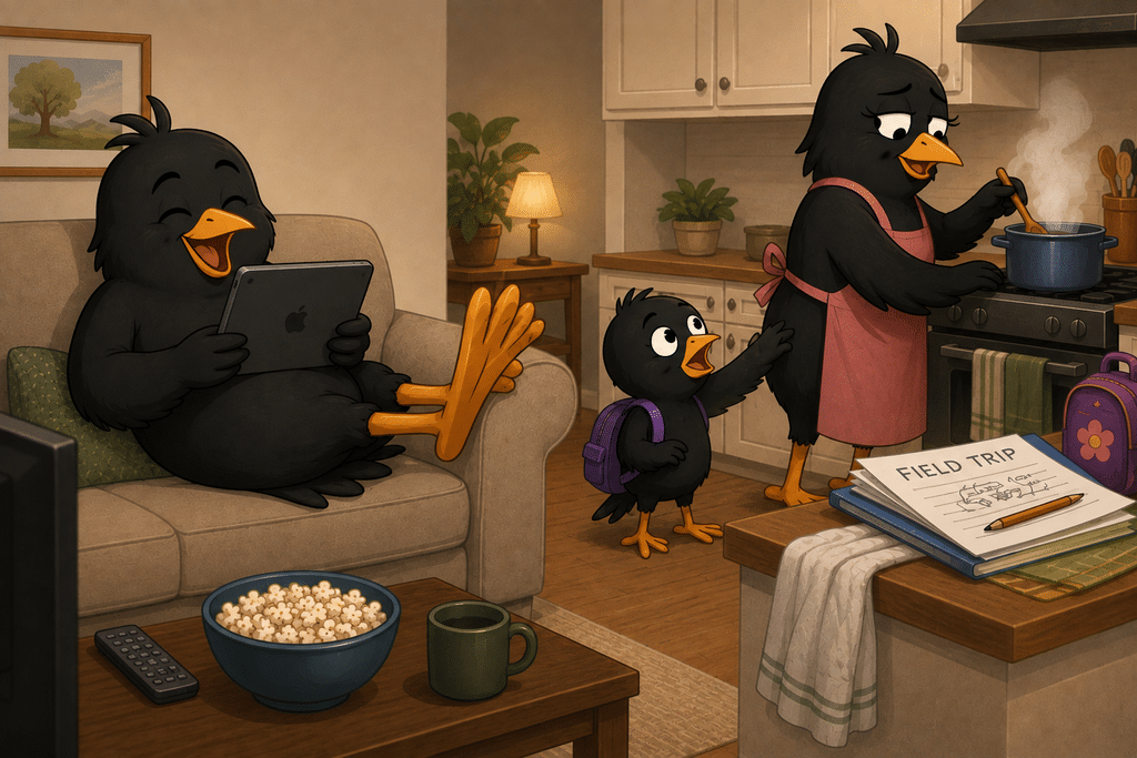Cartoon blackbird husband laughing at his tablet while his wife cooks and their child seeks her attention.