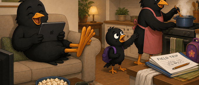 Cartoon blackbird husband laughing at his tablet while his wife cooks and their child seeks her attention.
