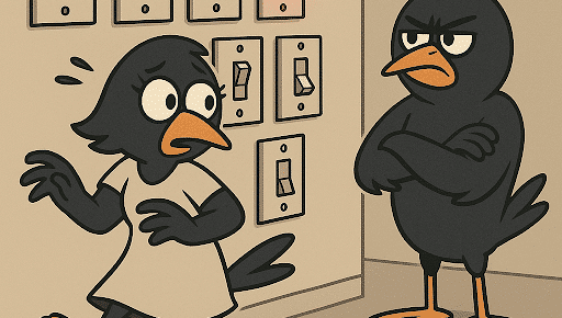 Two blackbirds facing each other, with one gesturing while the other stands with its wings crossed.