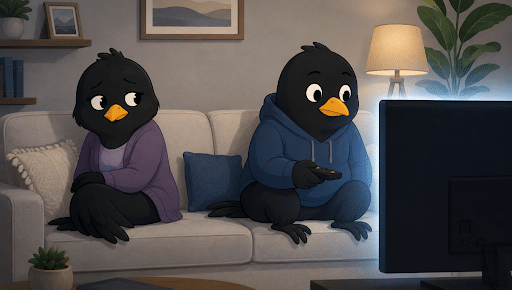 Two illustrated blackbirds sitting apart on a couch while one watches TV and the other looks away