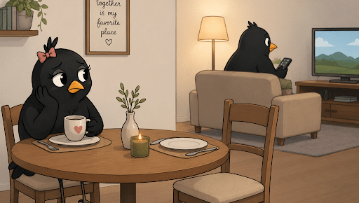 Blackbird couple spending time apart, with one sitting alone at the dinner table while the other watches TV.