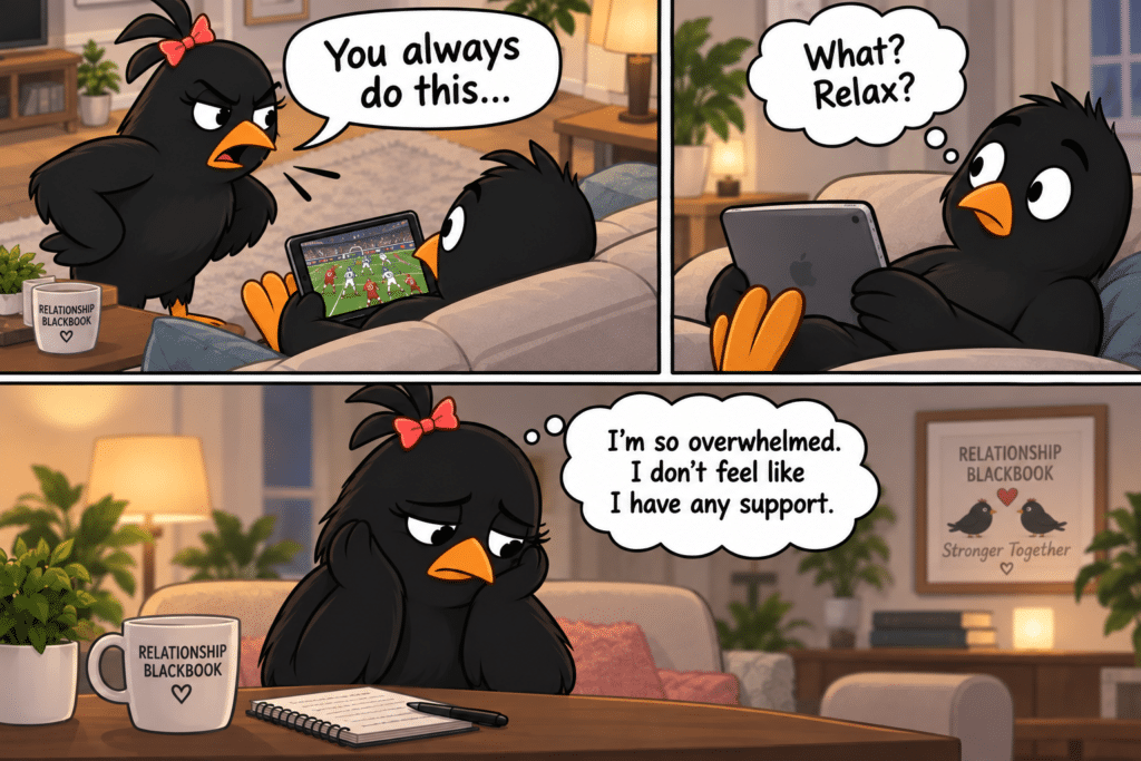 Cartoon wife confronts her husband watching football, then reflects on feeling overwhelmed and unsupported.