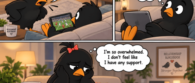 Cartoon wife confronts her husband watching football, then reflects on feeling overwhelmed and unsupported.