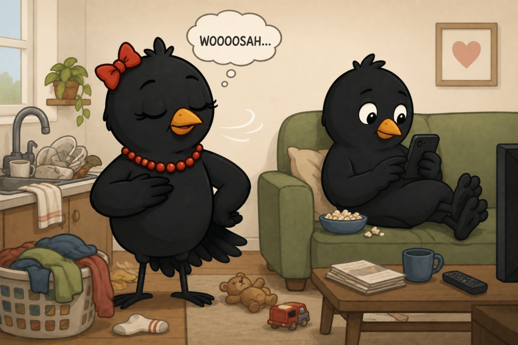 Cartoon wife pauses instead of being mean to her husband as he relaxes while housework piles up.