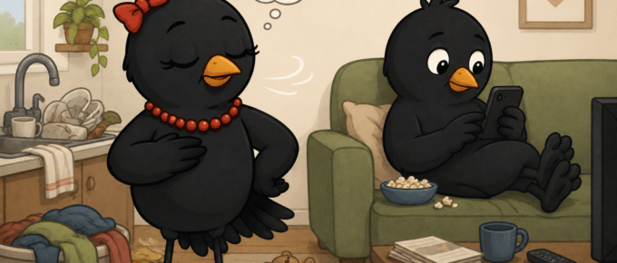 Cartoon wife pauses instead of being mean to her husband as he relaxes while housework piles up.