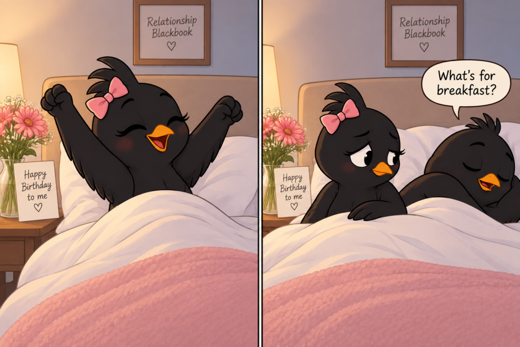 When Your Husband Ruins Your Birthday Every Year 1 Cartoon blackbird wife looks disappointed as her sleepy husband asks what’s for breakfast on her birthday.