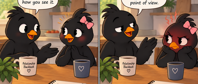 Two cartoon blackbirds discuss opposing viewpoints as the wife becomes visibly frustrated.