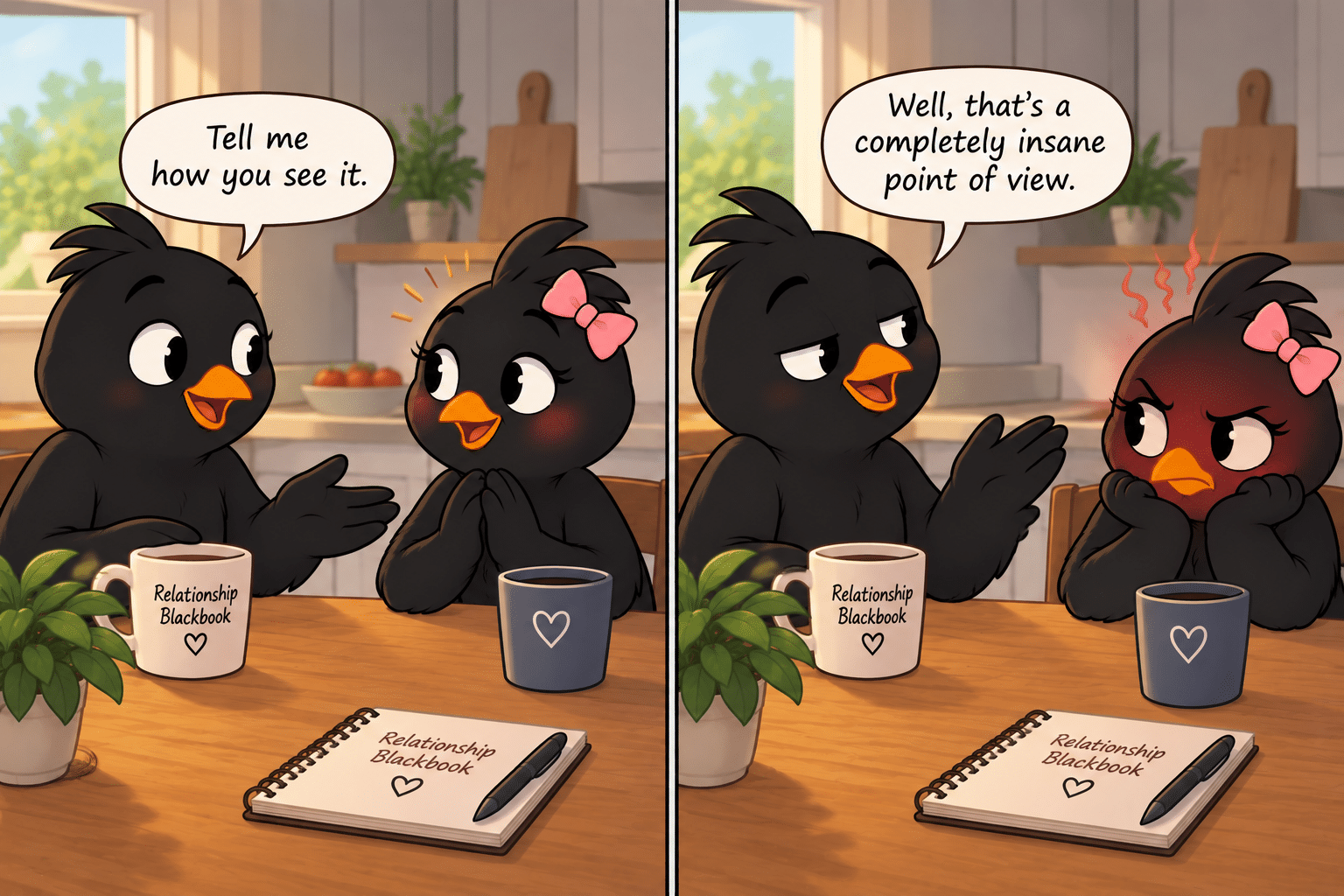 Two cartoon blackbirds discuss opposing viewpoints as the wife becomes visibly frustrated.