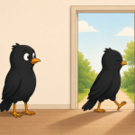 One cartoon blackbird calmly walks through an open door while another blackbird remains inside.