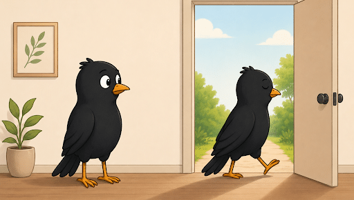 One cartoon blackbird calmly walks through an open door while another blackbird remains inside.