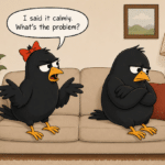 Two cartoon blackbirds on a couch, one speaking with tense gestures while the other sits turned away with crossed wings.