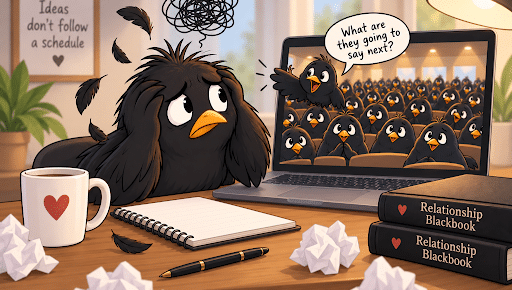 Frustrated blackbird at a desk facing an audience of blackbirds on a laptop while struggling for ideas.