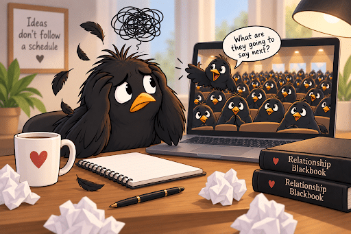 Frustrated blackbird at a desk facing an audience of blackbirds on a laptop while struggling for ideas.