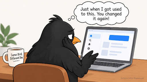 Cartoon blackbird looking at a changed laptop screen with a frustrated thought bubble