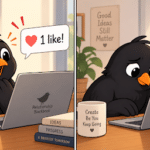 Blackbird at a laptop celebrates one like, then realizes the like came from Mom.