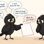 Blackbird surrounded by perfectionist thoughts while showing another blackbird a blank page.