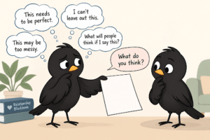 Blackbird surrounded by perfectionist thoughts while showing another blackbird a blank page.