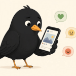 Cartoon blackbird looking at a social media post with positive, neutral, and negative reaction bubbles