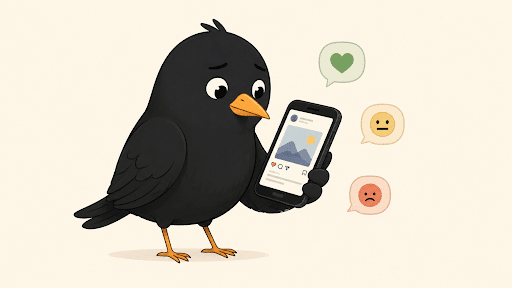 Cartoon blackbird looking at a social media post with positive, neutral, and negative reaction bubbles