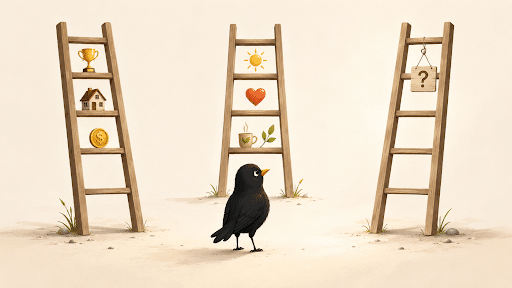 Blackbird standing between three ladders marked with achievement, well-being, and a question mark.