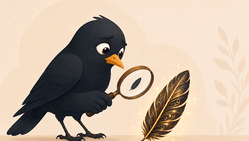 Cartoon blackbird viewing a small plain feather through a magnifying glass beside a large gold-laced feather
