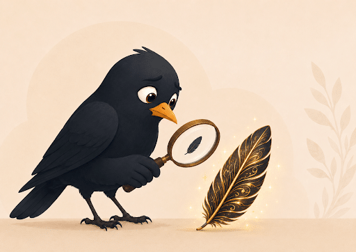 Cartoon blackbird viewing a small plain feather through a magnifying glass beside a large gold-laced feather