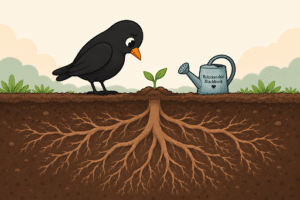 Blackbird beside a small sprout and watering can, with a large network of roots growing unseen beneath the soil.