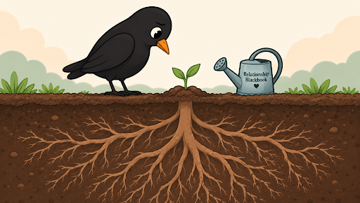 Blackbird beside a small sprout and watering can, with a large network of roots growing unseen beneath the soil.