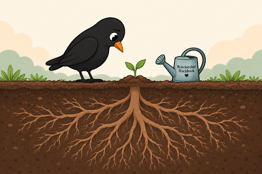 Blackbird beside a small sprout and watering can, with a large network of roots growing unseen beneath the soil.