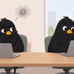Two cartoon blackbirds at an office desk, with one looking worried while the other focuses on a laptop