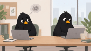 Two cartoon blackbirds at an office desk, with one looking worried while the other focuses on a laptop