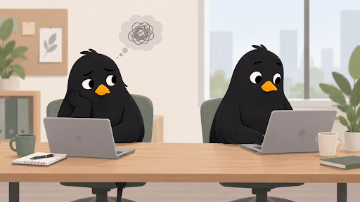 Two cartoon blackbirds at an office desk, with one looking worried while the other focuses on a laptop
