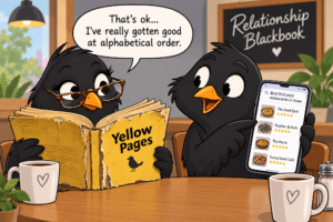 Two cartoon blackbirds compare a worn Yellow Pages book with restaurant results on a smartphone.