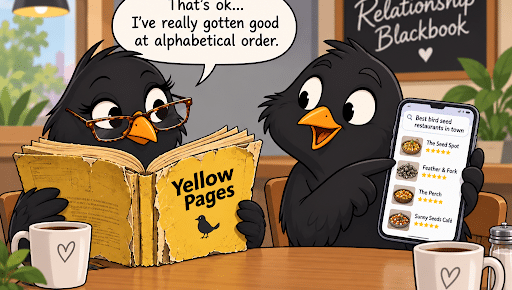Two cartoon blackbirds compare a worn Yellow Pages book with restaurant results on a smartphone.