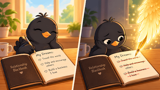 A golden wing crosses out three dreams in a cartoon blackbird’s journal as the bird looks worried.