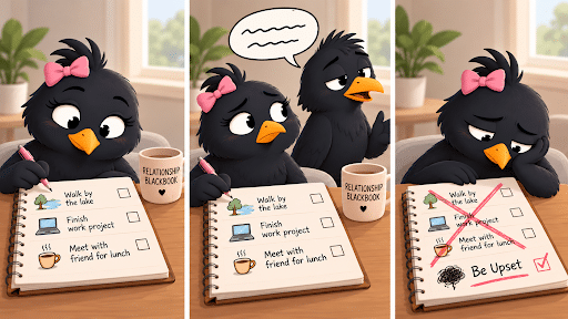 Cartoon blackbird crosses out her daily plans after her husband says something that upsets her.
